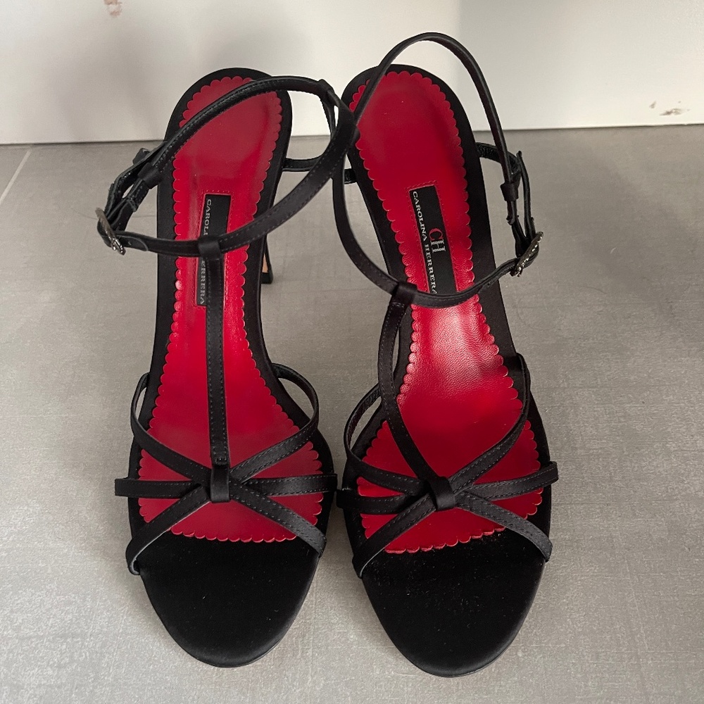 NEW” Carolina Herrera  Black Satin Sandals, Stiletto 3” heel, women, 39